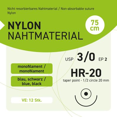 NYLON Nahtmaterial USP 3-0 EP-2 HR-20 - 12 Stück