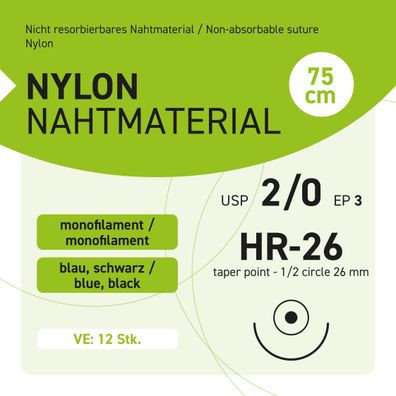NYLON Nahtmaterial USP 2-0 EP-3 HR-26 - 12 Stück