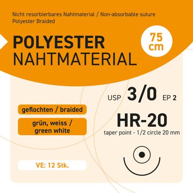 Polyester Nahtmaterial USP 3-0 EP-2 HR-20 - 12 Stück