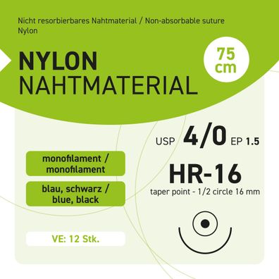 NYLON Nahtmaterial USP 4-0 EP-1.5 HR-16 - 12 Stück
