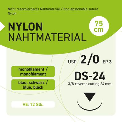 NYLON Nahtmaterial USP 2-0 EP-3 DS-24 - 12 Stück