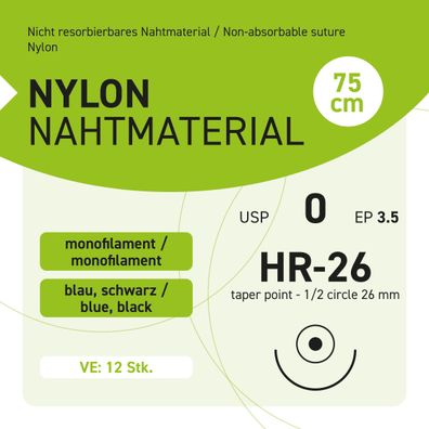 NYLON Nahtmaterial USP 0 EP-3.5 HR-26 - 12 Stück