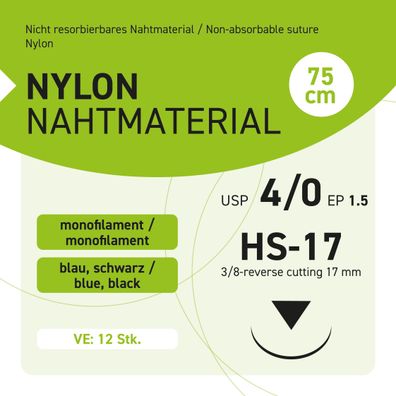 NYLON Nahtmaterial USP 4-0 EP-1.5 HS-17 - 12 Stück