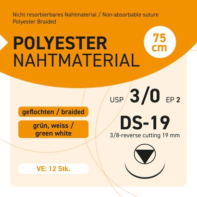 Polyester Nahtmaterial USP 3-0 EP-2 DS-19 - 12 Stück