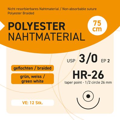 Polyester Nahtmaterial USP 3-0 EP-2 HR-26 - 12 Stück