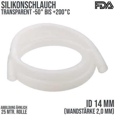 14 x 18 mm Silikon Silicon Schlauch transparent lebensmittelecht FDA 0,25 bar - 25 m