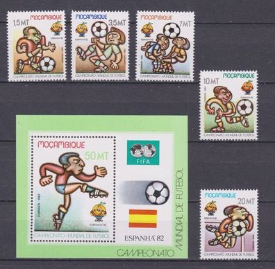 Mocambique 1982 postfrisch MiNr. 884-888 + Block 13 Fußball-WM Spanien