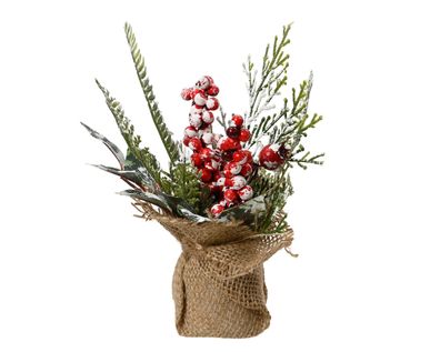 Weihnachtsgesteck künstlich mit Zweigen und Beeren 20cm im Jutesack