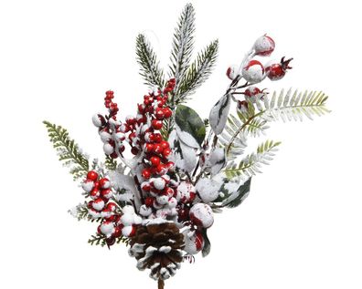 Tannenzweige künstlich 30cm mit roten Beeren und Schnee
