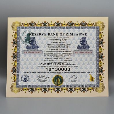Zimbabwe 2008/Simbabwe 2008/One Myrillion/ Containers Certificate (Zimb251025)