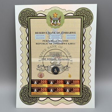 Zimbabwe 2008/Simbabwe/One Googol / /ontainers Certificate (Zimb251025)