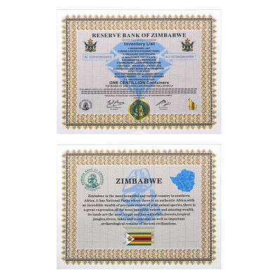 Zimbabwe/Simbabwe/Banknote/ One Centillion Containers Certificate (Zimb251025)