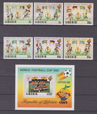 Liberia 1981 postfrisch MiNr. 1187-1193 + Block 96 Fußball-Weltmeisterschaft, Spanien