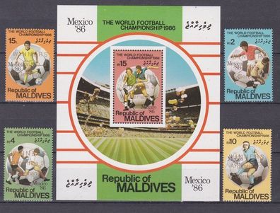 Malediven 1986 postfrisch MiNr. 1218-1222 + Block 127 mit Aufdruck Fußball-WM Mexiko