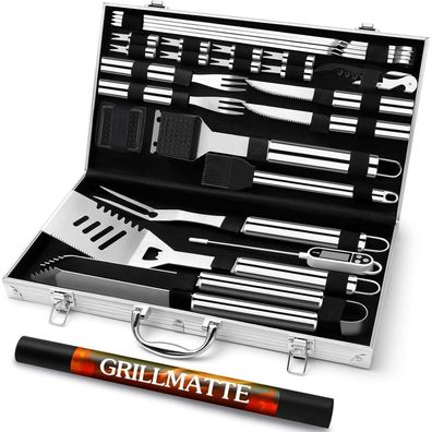 Premium Grillbesteckset Silber Edelstahl 26 teilig Perfekte Geschenke für Männer