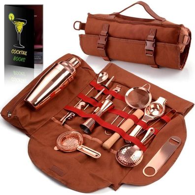 Cocktail Shaker Set 17-teilig Kupfer Bar Zubehör Tasche Mixology Kit Geschenk