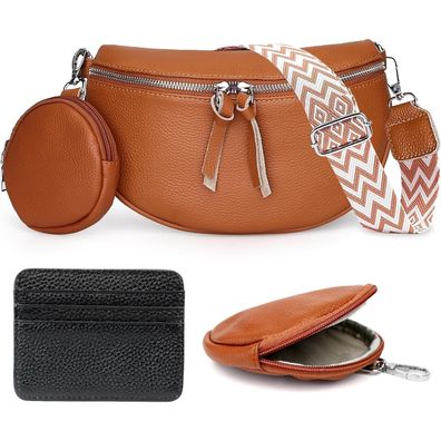 Damen Crossbody Umhängetasche Echtes Leder Khaki Breiter Gurt Kartenhalter