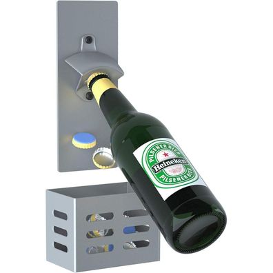Bierflaschenöffner Wand Magnet Auffangkorb Stahl Geschenk für Männer Grau