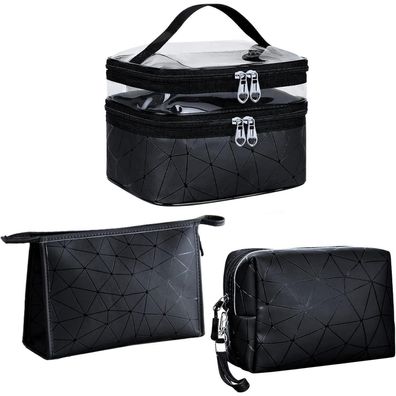 Schwarz Kosmetiktasche 3er Set Doppellagig Transparent Groß Makeup Bag Unisex