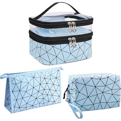 Blau Transparentes Kosmetiktaschen 3er Set Doppellagig Rautenmuster Unisex