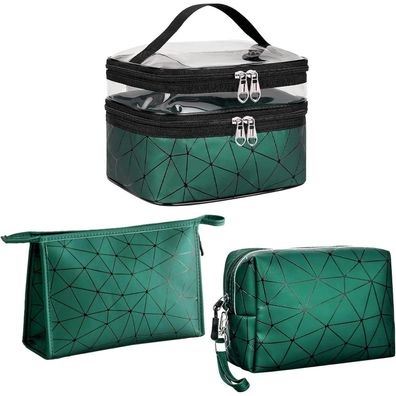 Kosmetiktasche Set 3 Stück Grün Transparent Rautenmuster Doppellagig Reise