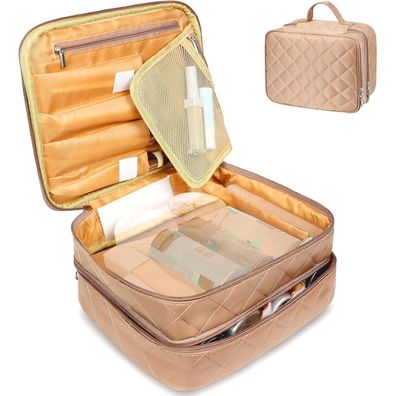 Reise Kosmetiktasche Doppelschicht Groß Wasserdicht Make Up Organizer Braun