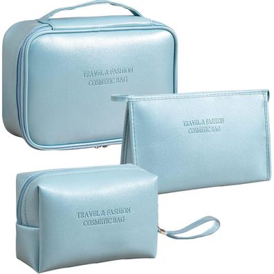 Blau Kosmetiktasche 3er Set PU Wasserdicht Leicht Reise Cosmetic Bag