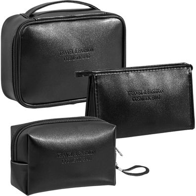 Kosmetiktaschen Set Schwarz 3 Pcs Wasserdicht PU Reise Elegant