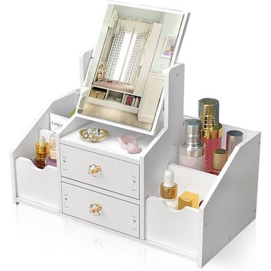 Weißer Cosmetic Organizer mit Schublade & Quadratischem Spiegel Desktop