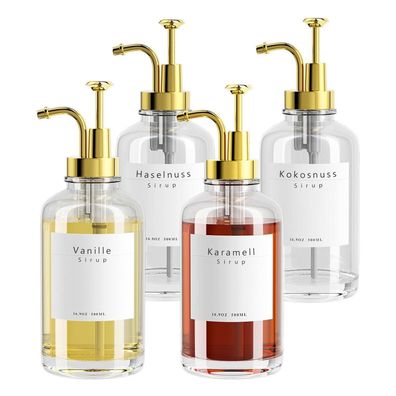 Sirup Spender Pumpspender 4x500ml Kaffee Zubehör Glasflasche mit 58 Etiketten