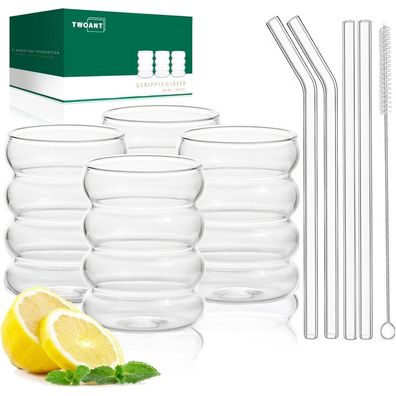 4er Set 350ml Gerippte Cocktailgläser Longdrinkgläser mit Glasstrohhalmen