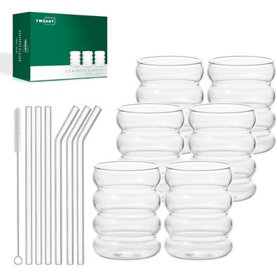 6er Set 350ml Gerippte Cocktailgläser Longdrinkgläser mit Glasstrohhalmen