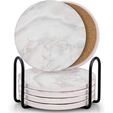 Getränkeuntersetzer 6er Marmor Design mit Metallhalter Kork Unten Gläser Schutz