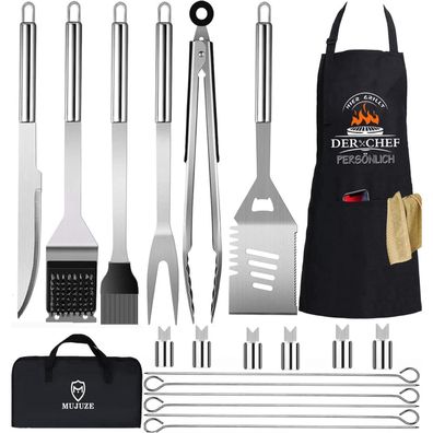 Grill Geschenke Zubehör Set 20tlg Edelstahl mit Zange Spachtel Schürze Koffer