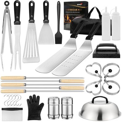XL Grillbesteck Set 30tlg Grillzubehör mit Schaber Spatel Zange für Camping