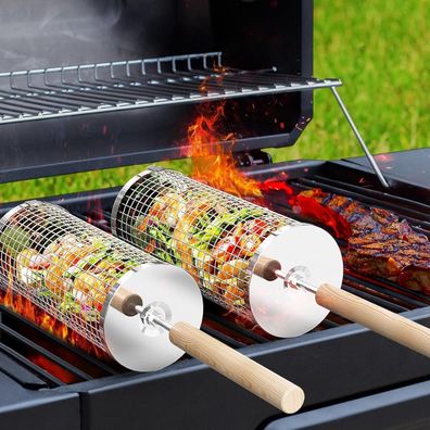 Grillkorb Edelstahl Zylinder 2er Set für Grill Zubehör Drehspieß mit Holzgriff