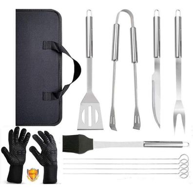 GrillbesteckSet + BBQ Grillhandschuhe 800°C 9 teilig Edelstahl Grillzubehör Set
