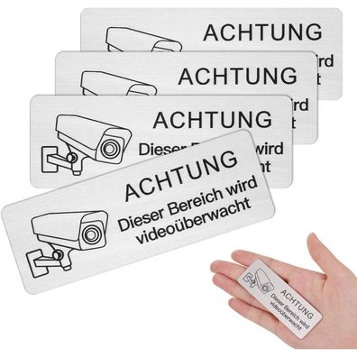 Videoüberwachung Schild Set 4 Stück 8.5x3 cm Selbstklebend Aluminium