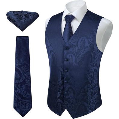 Herren Paisley Floral Jacquard Weste Krawatte Taschentuch Anzug Set Blau