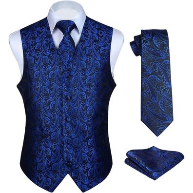 Herren Anzugweste Paisley Blau Floral Jacquard Set mit Krawatte & Einstecktuch