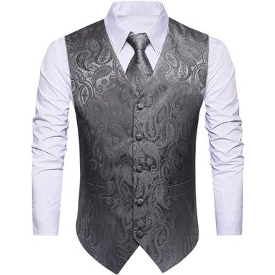 Hisdern Herren Weste Krawatte Einstecktuch Anzug Set Paisley Floral XS Grau