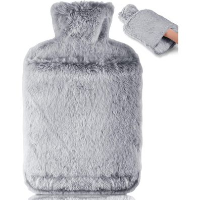 Große Wärmflasche mit Weichem Bezug und Kängurutasche 2L Grau