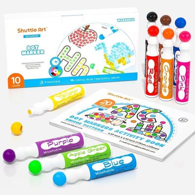 10er Set waschbare Shuttle Art Punktmarker für Kinder mit Malbuch
