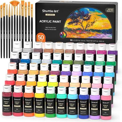 Acrylfarben Set 50 lebendige Farben je 60ml hochpigmentiert wasserfest