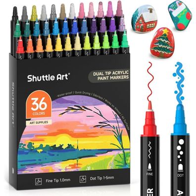 Acrylstifte Set 36 Farben wasserfest für Steine bemalen, doppelköpfige Marker