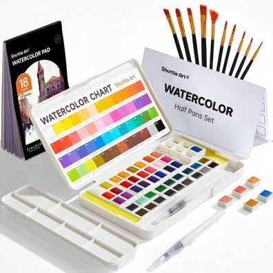 48er Aquarellfarben Set mit Pinseln, Wasserpinsel, Block, Palette - Aquarell Set