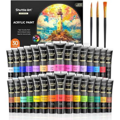 Acrylfarben Set 30x36ml + 3 Pinsel, wasserfest, ungiftig