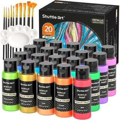 20er Metallic Acrylfarben Set 60ml Flaschen 3 Pinsel 1 Palette Kinder Erwachsene