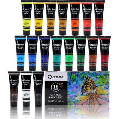 Acrylfarben Set 18x36ml Wasserfest Lichtecht schnelltrocknend ideal für Leinwand