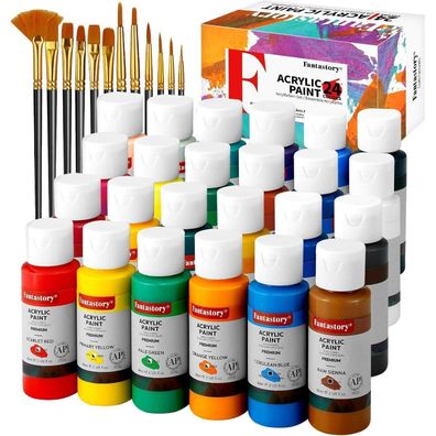 Acrylfarben Set 24 Farben 60ml + 12 Pinsel Premium Ungiftig für Maler Kinder